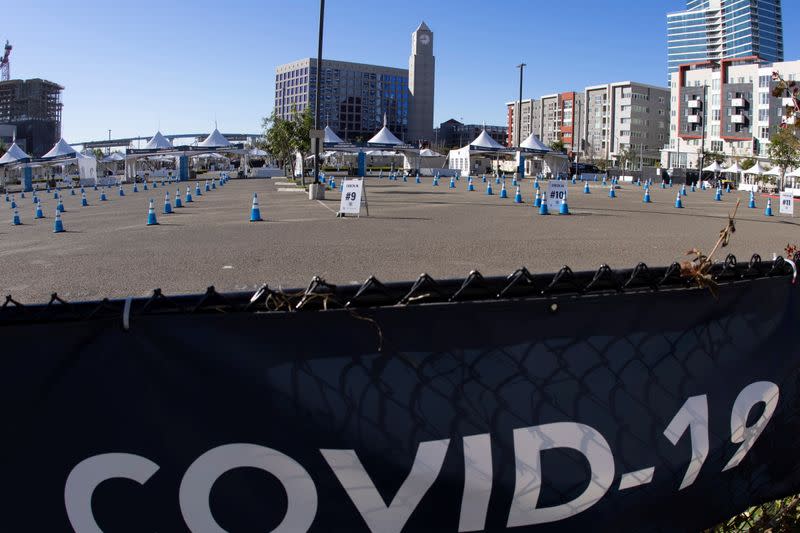 A COVID-19 vaccination super station sits idle and empty due to the lack of vaccine in California