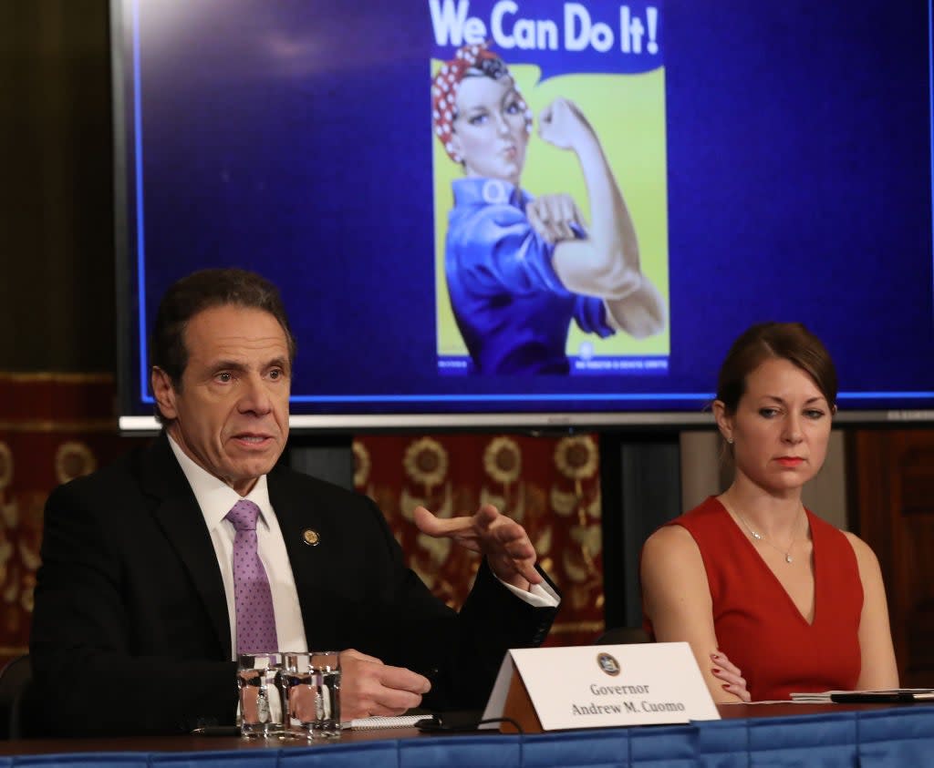 New York Governor Andrew Cuomo speaks during a news conference with Secretary to the Governor Melissa DeRosa (Getty Images)