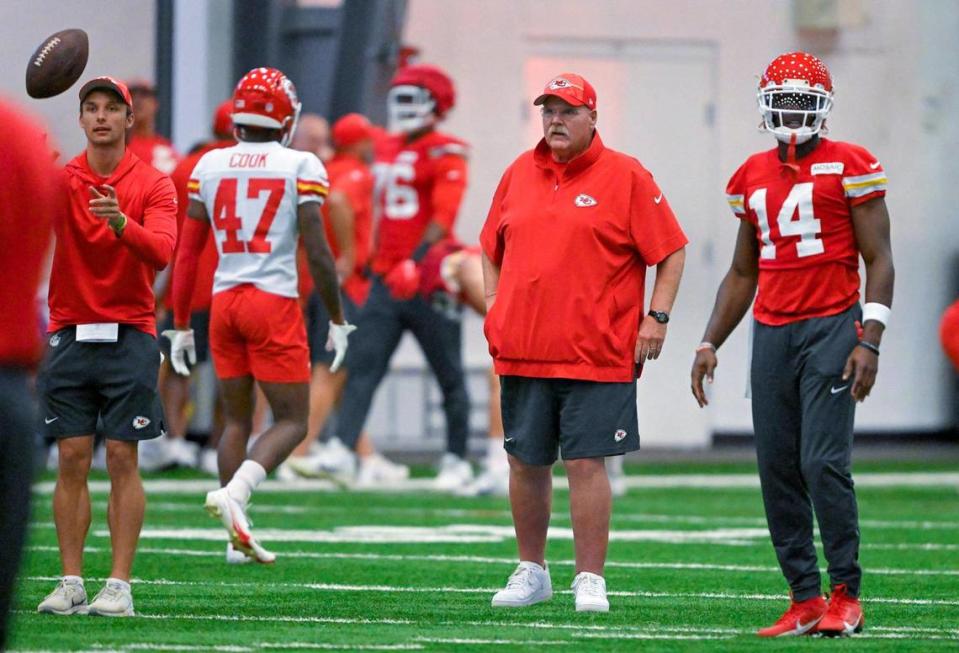 Chiefs head coach Andy Reid and wide receiver Cornell Powell (14) during training camp at Missouri Western State University on Wednesday, Aug. 9, 2023, in St. Joseph, Missouri. Tammy Ljungblad/tljungblad@kcstar.com