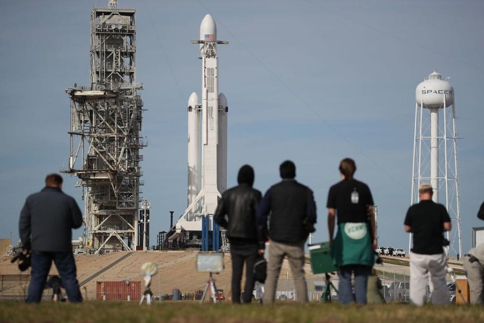 <p>The SpaceX Falcon Heavy rocket sits on launch pad 39A at Kennedy Space Center as it is prepared for lift-off on February 5, 2018 in Cape Canaveral, Florida. (Photo by Joe Raedle/Getty Images)</p>