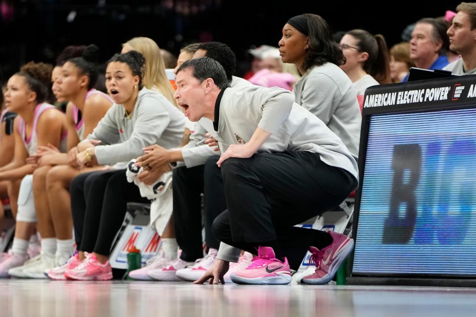 Feb 1, 2024; Columbus, OH, USA; Ohio State Buckeyes head coach Kevin McGuff yells during the first half of the NCAA women’s basketball game against the Wisconsin Badgers at Value City Arena.