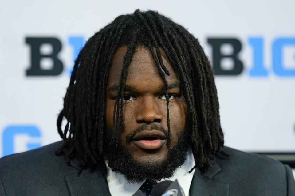 Michigan defensive tackle Mazi Smith talks to reporters during the Big Ten media days on Tuesday, July 26, 2022, in Indianapolis.