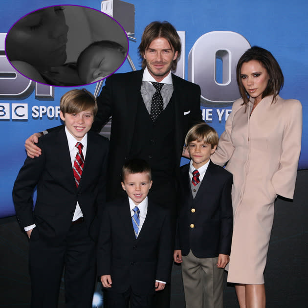 Celebrity mums: Victoria Beckham with her sons Brooklyn, Romeo and Cruz (plus hot husband David). Victoria is also mum to daughter Harper / Getty/Victoria Beckham Twitter