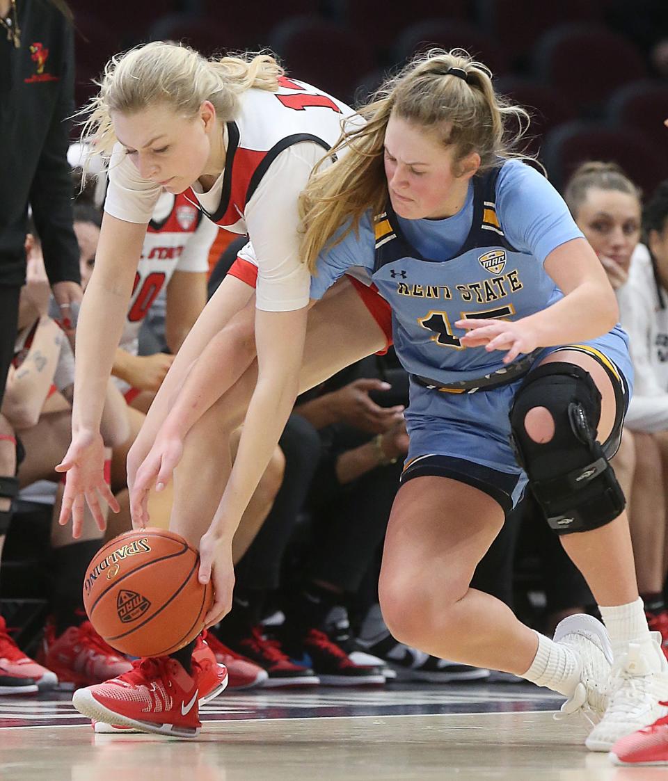 Ball State's Marie Kiefer, left, and Kent State's Bridget Dunn go after a second half loose ball in a MAC Tournament semifinal Friday in Cleveland.