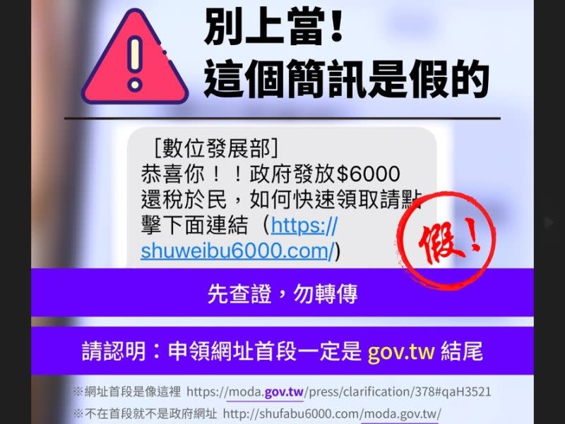 ▲數位發展部今（6）日表示，有民眾收到偽冒該部名義發送的詐騙簡訊，數位部已報警，並請民眾認明網址首段要是gov.tw結尾，才是政府機關網址。（圖／數位部提供）