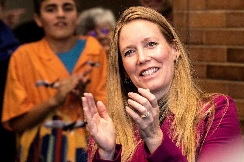 Delaware State Treasurer Colleen Davis reacts during Avelo Airline's ceremony commemorating Avelo's Boeing 737-700 first flight to Orlando, Fla., out of New Castle Airport on Wednesday, Feb. 1, 2023.