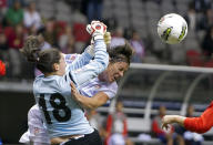 VANCOUVER, CANADA - JANUARY 27: Abby Wambach #20 of the United States collides with goalie Erika Miranda #18 of Costa Rica while battling for the loose ball during the first half of semifinals action of the 2012 CONCACAF Women's Olympic Qualifying Tournament at BC Place on January 27, 2012 in Vancouver, British Columbia, Canada. (Photo by Rich Lam/Getty Images)