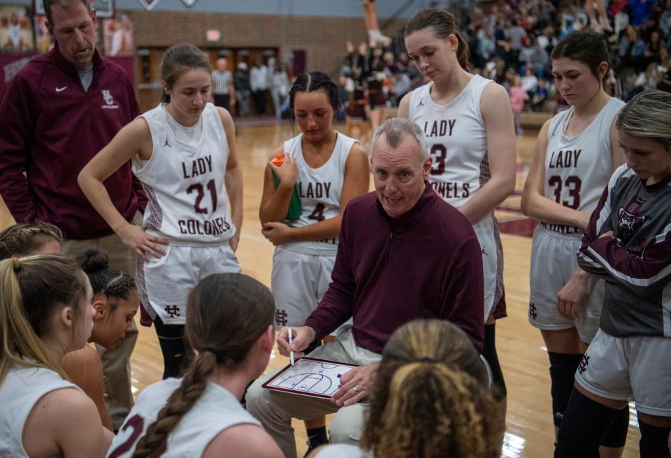 Henderson Head Coach Jeff Haile gives direction during a timeout of the Henderson County Lady Colonels vs the Daviess County Lady Panthers game at Henderson County High School Friday night, Jan. 6, 2023.