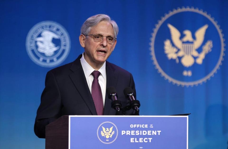 Federal Judge Merrick Garland delivers remarks after being nominated to be U.S. attorney general by President-elect Joe Biden at The Queen theater January 07, 2021 in Wilmington, Delaware. (Photo by Chip Somodevilla/Getty Images)