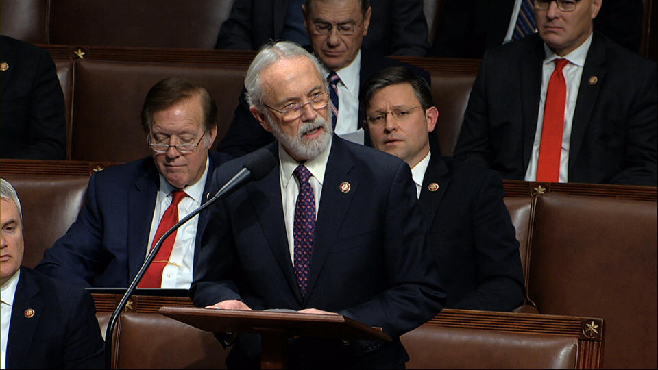 FILE - In this Dec. 18, 2019, photo, Rep. Dan Newhouse, R-Wash., speaks as the House of Representatives debates the articles of impeachment against President Donald Trump at the Capitol in Washington. Newhouse was maintaining his lead Friday, Aug. 5, 2022, among other Republicans in Washington state's primary, but fellow Republican Rep. Jaime Herrera Beutler saw her lead against an opponent endorsed by former President Donald Trump shrink in recent vote updates. (House Television via AP, File)