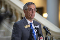 Georgia Secretary of State Brad Raffensperger speaks during a press conference on the third day of early voting at the Georgia State Capitol building in downtown Atlanta, Wednesday, Oct. 14, 2020. (Alyssa Pointer/Atlanta Journal-Constitution via AP)