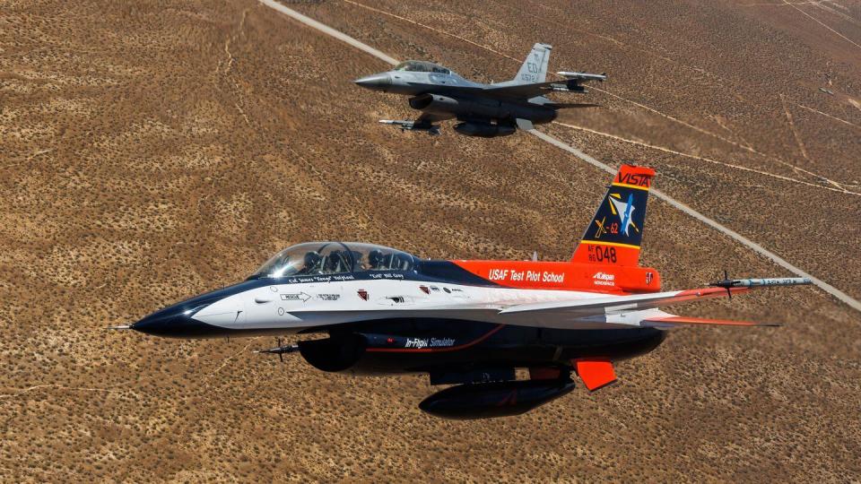 Air Force Secretary Frank Kendall flies in the X-62 VISTA in the skies above Edwards Air Force Base, Calif., May 2, 2024. (Richard Gonzales/Air Force)