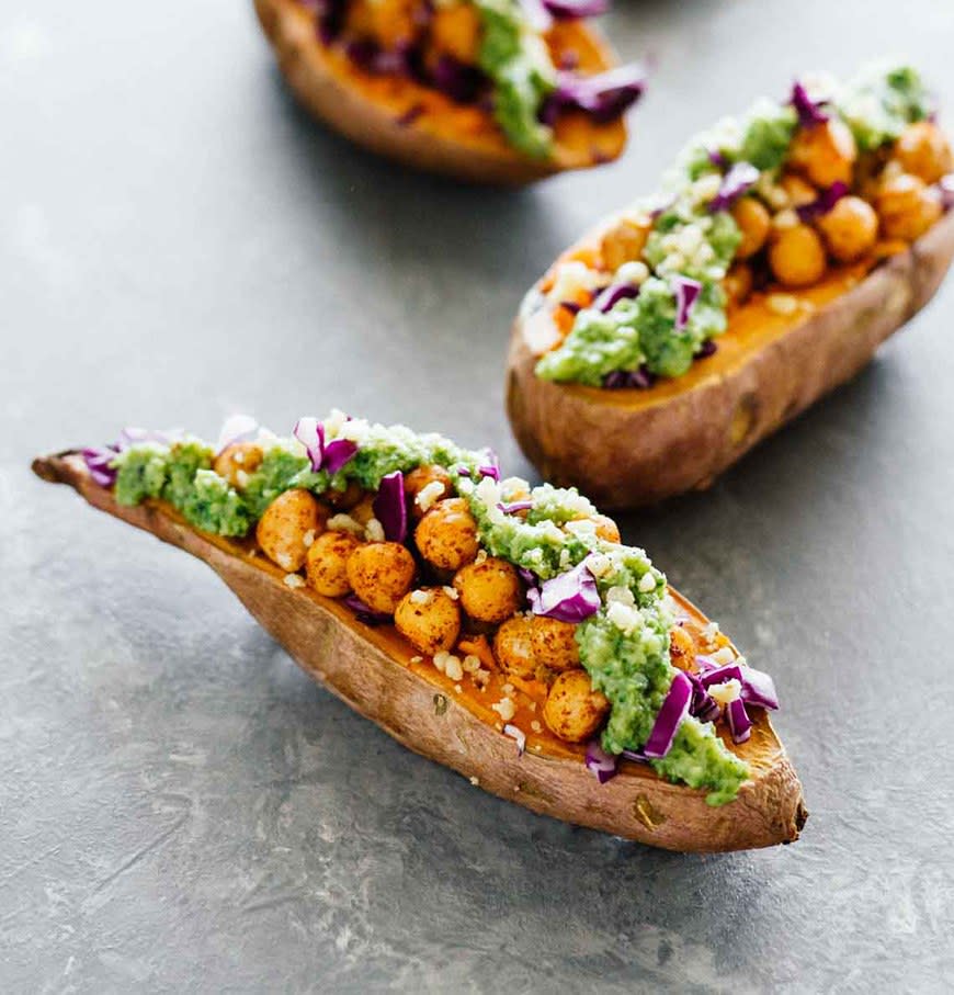 Baked Sweet Potatoes With Chickpeas and Broccoli Pesto from Jar of Lemons