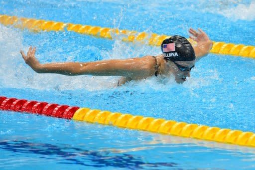 US swimmer Dana Vollmer competes in the women's 100m butterfly final swimming event at the London 2012 Olympic Games in London. Vollmer won the women's 100m butterfly Olympic gold medal Sunday, clocking a world record of 55.98sec for a crushing victory over China's Lu Ying