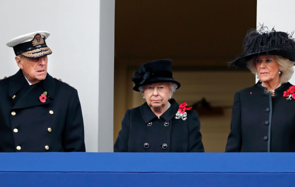 The Queen watched the ceremony from a balcony this year with Prince Philip and the Duchess of Cornwall. Source: Getty