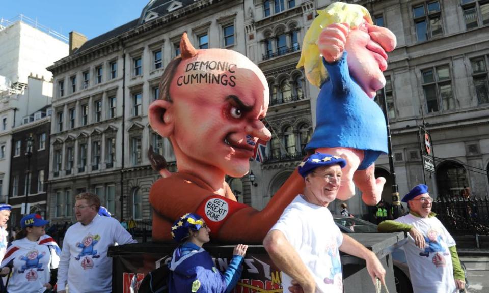 An effigy depicting Boris Johnson as a puppet operated by his adviser Dominic Cummings.