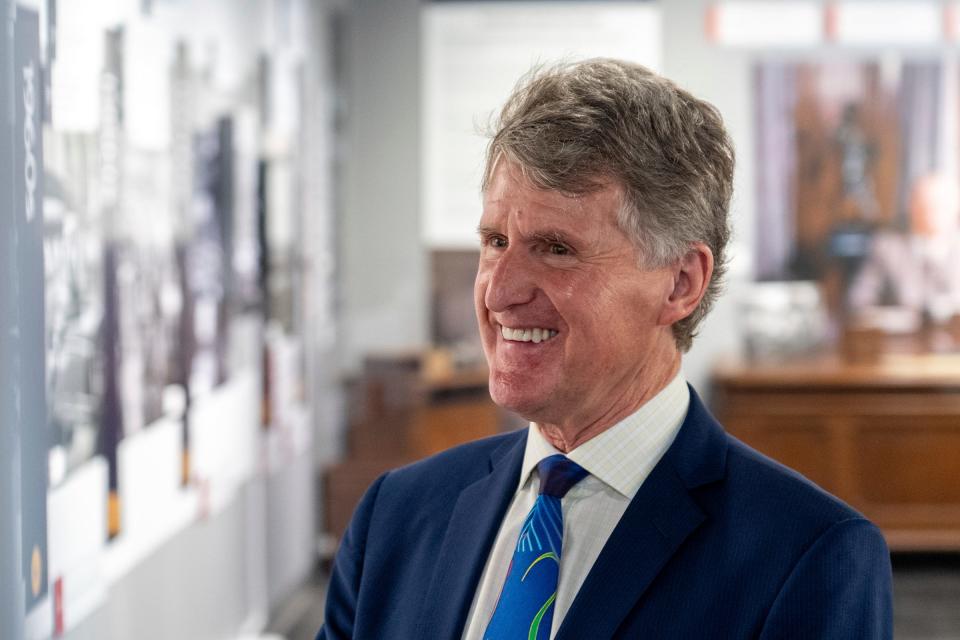 The Kresge Foundation president and CEO Rip Rapson talks about the history of the foundation as part of the Kresge at 100 exhibition at the Detroit Historical Museum in Detroit on Thursday, May 2, 2024.
