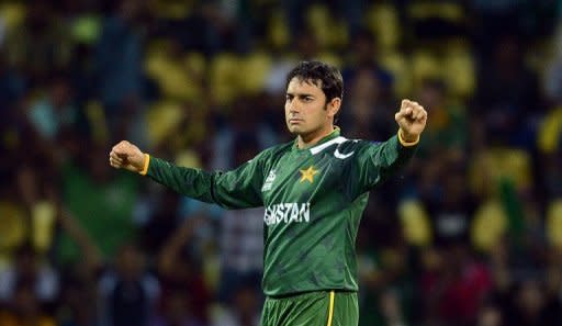 Pakistan bowler Saeed Ajmal celebrates the wicket of New Zealand cricketer Daniel Vettori during the ICC Twenty20 Cricket World Cup match between Pakistan and New Zealand in Pallekele. Ajmal took four wickets as Pakistan kept their nerve to pull off an exciting 13-run win over New Zealand in the World Twenty20 group D match