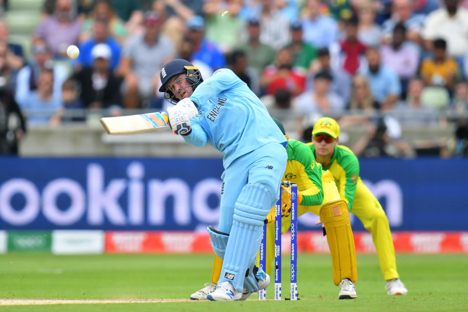 BIRMINGHAM, ENGLAND - JULY 11:  Jason Roy of England hits a six during the Semi-Final match of the ICC Cricket World Cup 2019 between Australia and England at Edgbaston on July 11, 2019 in Birmingham, England. (Photo by Clive Mason/Getty Images)