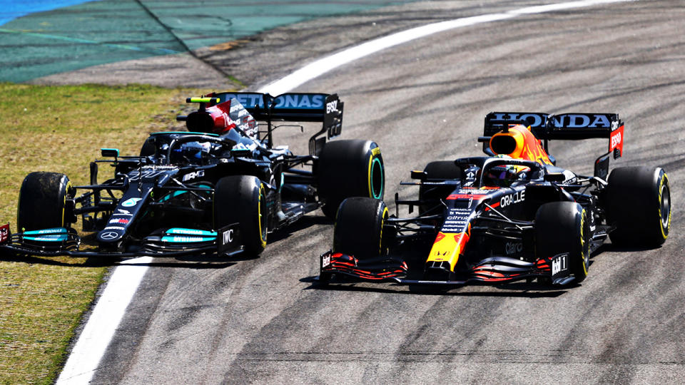 Max Verstappen, pictured here appearing to force Lewis Hamilton off the track.