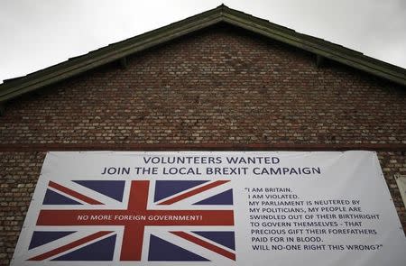 A banner encouraging people to support a local Brexit campaign hangs on the side of a building in Altrincham, Britain May 3, 2016. REUTERS/Phil Noble