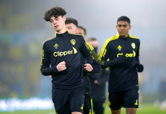 Leeds included 15-year-old Archie Gray, front, the great-nephew of Eddie Gray, on their bench 