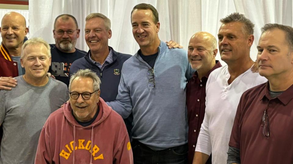 The cast of “Hoosiers” with Peyton Manning (left to right): Everett (played by David Neidorf), Ollie (Wade Schenck), Strap (Scott Summers), Rade (Steve Hollar), Peyton, Buddy (Brad Long), Jimmy Chitwood (Maris Valainis) and Whit (Brad Boyle).
