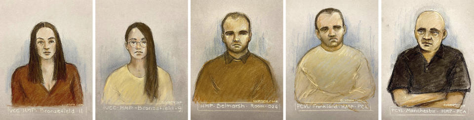 This comp of court artist sketches by Elizabeth Cook of Bulgarian nationals, left to right, Katrin Ivanova, Vanya Gaberova, Orlin Roussev, Ivan Stoyanov and Bizer Dzhambazov appearing via video link at Westminster Magistrates' Court, London, charged with spying for Russia, Tuesday Sept. 26, 2023. Five Bulgarians living in the U.K. who were charged with spying for Russia appeared Tuesday in court for a brief hearing. (Elizabeth Cook/PA via AP)