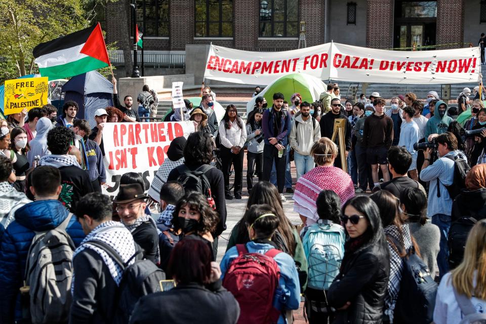 U-M students chant Occupation No More and Israel Is a Terrorist State as they rally during the encampment for Gaza at the Diag in Ann Arbor on Monday, April 22, 2024.