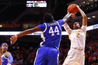 Tennessee forward Alexus Dye (2) shoots over Kentucky forward Dre'una Edwards (44) during an NCAA college basketball game Sunday, Jan. 16, 2022, in Knoxville, Tenn. (AP Photo/Wade Payne)