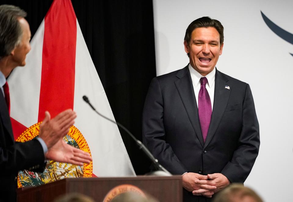 Tom Grady introduces Gov. Ron DeSantis at The Freedom Institute of Collier County in Naples on Wednesday, Feb. 28, 2024.