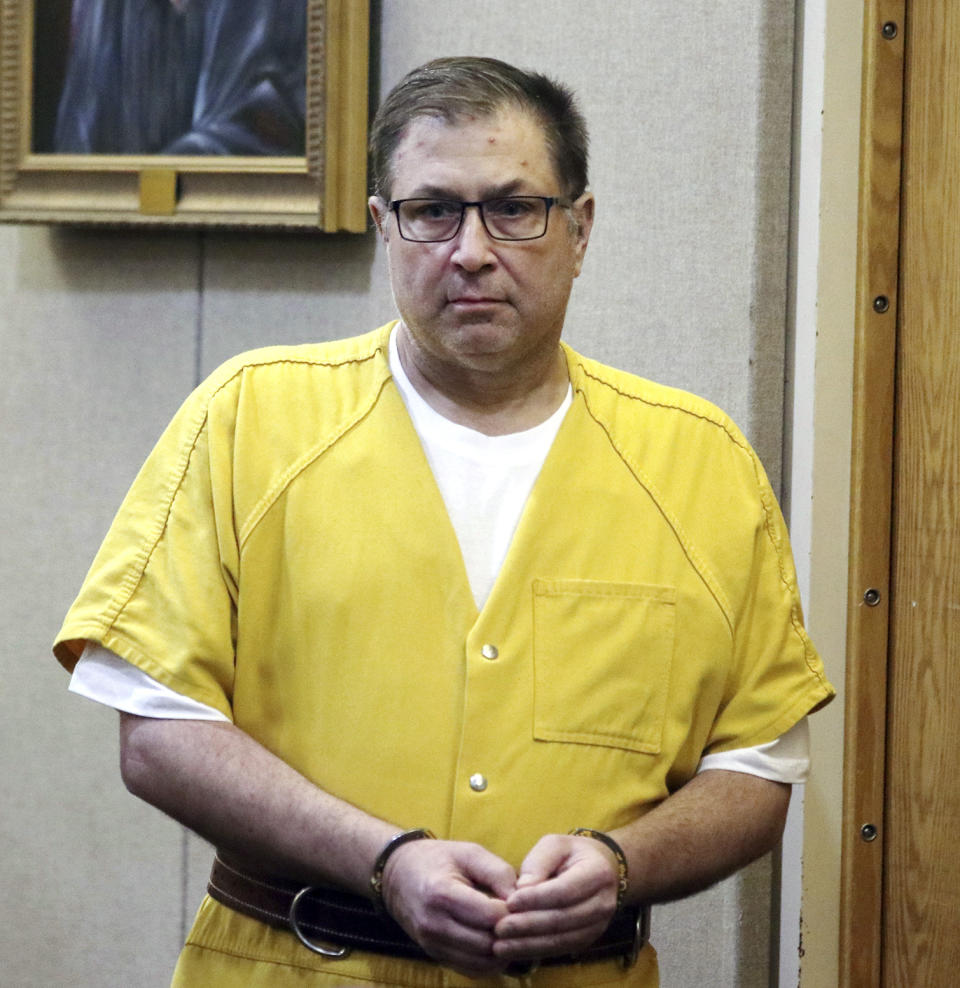 Paul Caneiro appears for his arraignment in the murders of his brother and his brother's family, before Judge Joseph W. Oxley at the Monmouth County Courthouse in Freehold, N.J., Monday, March 18, 2019. The New Jersey businessman pleaded not guilty to felony murder and other charges. (Tanya Breen/NJ Advance Media via AP, Pool)