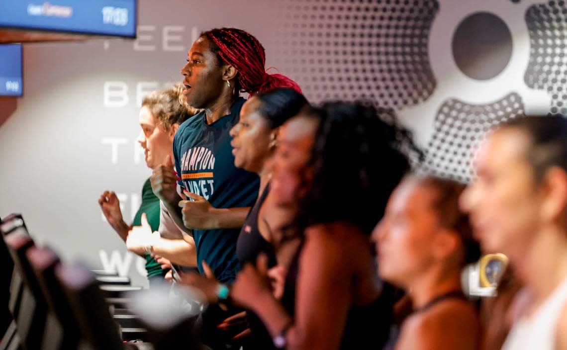 Gamecocks women’s basketball star Aliyah Boston participates in a fitness class at Orangetheory Fitness in Columbia. Boston was offered a NIL deal with the company as part of being awarded Most Outstanding Player (MOP) of the Division 1 NCAA women’s basketball National Championship game in 2022. Tracy Glantz/tglantz@thestate.com