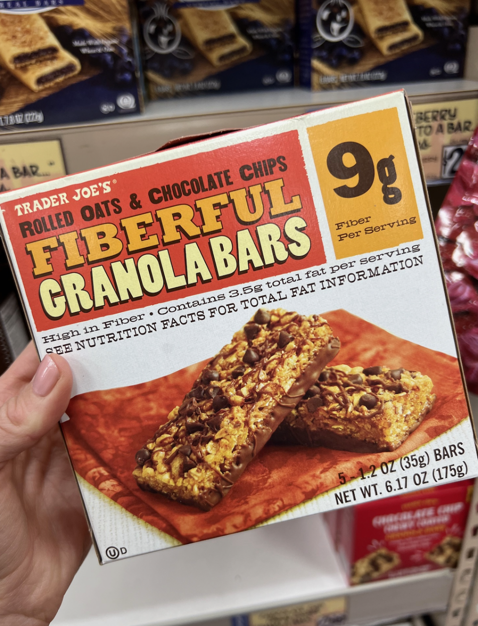 Closeup of Trader Joe's Fiberful Granola Bars box