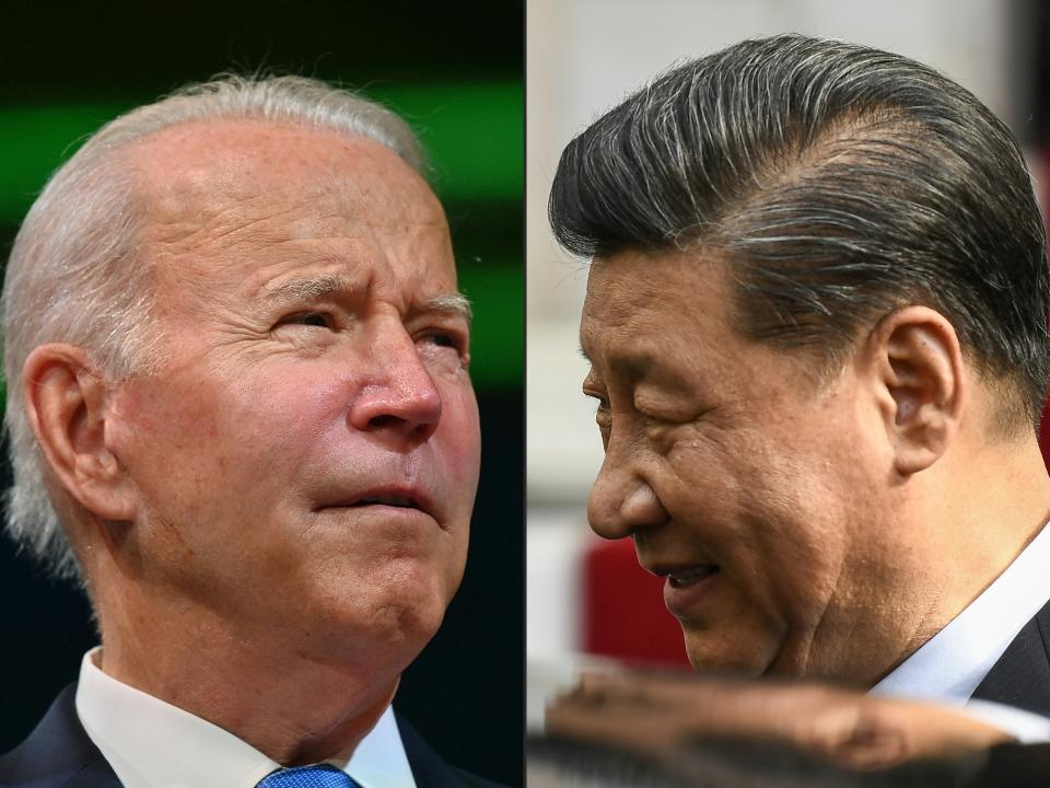 (COMBO) This combination of pictures created on November 15, 2021 shows US President Joe Biden during the COP26 UN Climate Change Conference in Glasgow, Scotland on November 2, 2021 and Chinese President Xi Jinping in Athens on November 11, 2019 - From Taiwan to Covid and the South China Sea, here are some of the flashpoint issues that US President Joe Biden and China's Xi Jinping may discuss during their virtual summit. (Photo by Paul ELLIS and Aris MESSINIS / various sources / AFP) (Photo by PAUL ELLIS,ARIS MESSINIS/AFP via Getty Images)