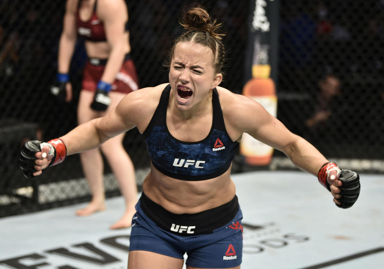 BOSTON, MASSACHUSETTS - OCTOBER 18:  Maycee Barber celebrates after her TKO victory over Gillian Robertson in their flyweight bout during the UFC Fight Night event at TD Garden on October 18, 2019 in Boston, Massachusetts. (Photo by Chris Unger/Zuffa LLC via Getty Images)