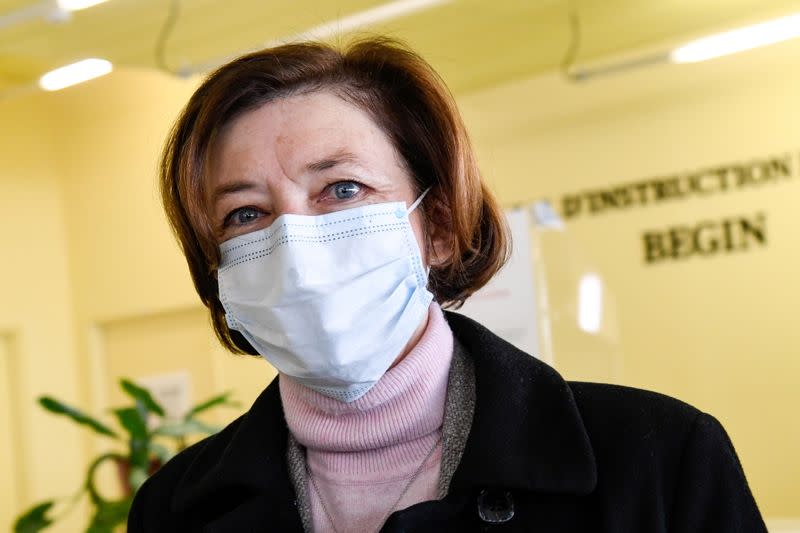 FILE PHOTO: French Defence Minister Florence Parly visits a vaccination centre in the HIA Begin military hospital, in Saint-Mande