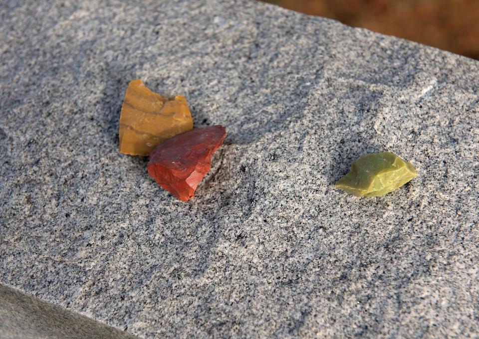 Stones placed atop the headstone of Frances Salinger by her granddaughter, Ashley Govberg of Villanova, at Montefiore Cemetery Tuesday, Nov. 27, 2018 in Abington. After Salinger's death in 2015 her remains were unclaimed until Montgomery County Deputy Coroner Alex Balacki tracked Govberg down. She had been estranged from her grandmother following her father's passing. [BILL FRASER / STAFF PHOTOJOURNALIST]