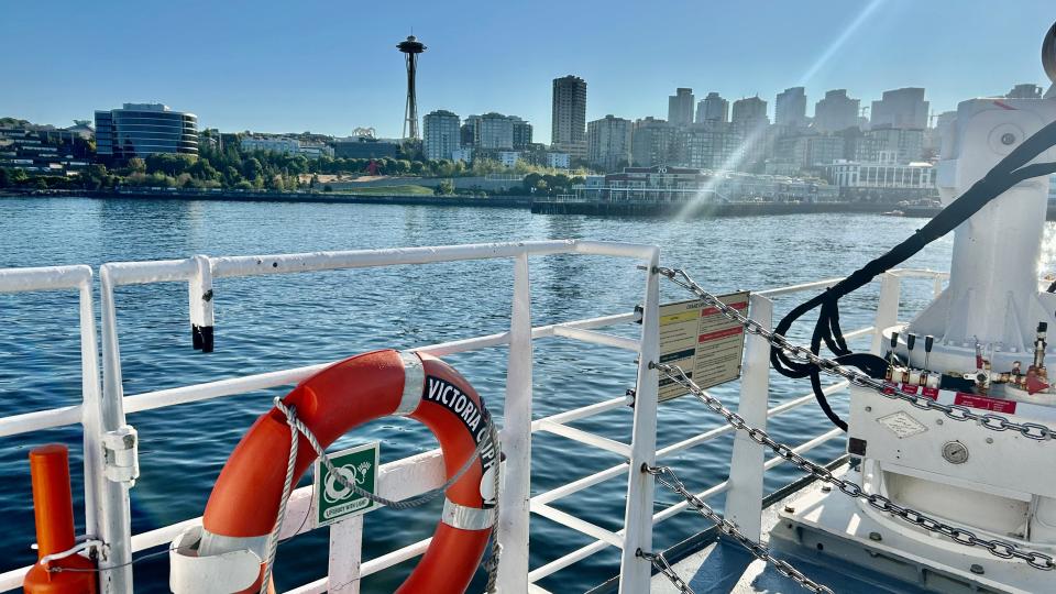 View off of the Victoria clipper of the Seattle skyline and Space Needle