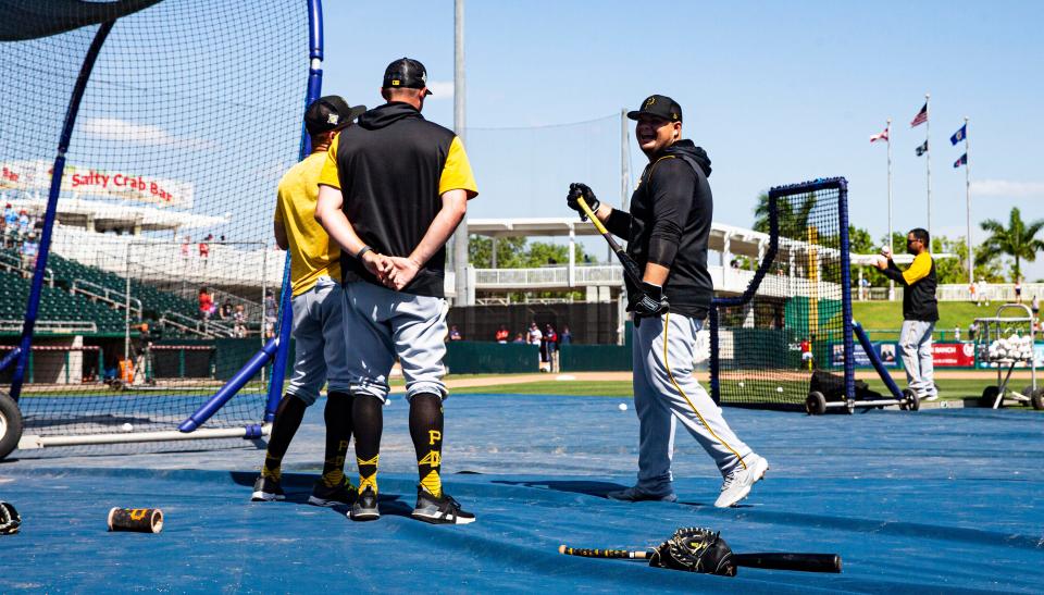 Daniel Vogelbach of the Pittsburgh Pirates takes batting practice before a spring training game against the Minnesota Twins at Hammond Stadium on  March 30, 2022. He is a Bishop Verot graduate and this is the first time as a pro that he is playing spring training in Fort Myers