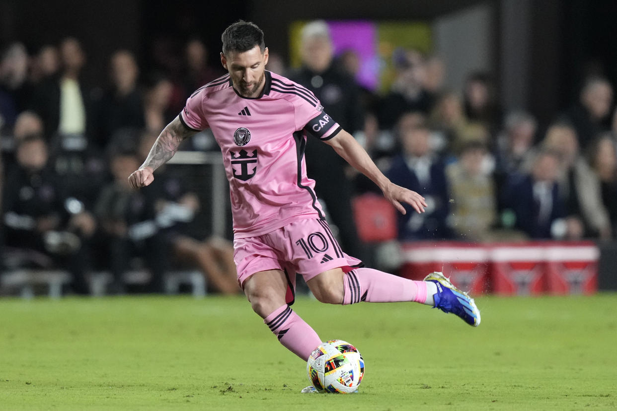 Inter Miami forward Lionel Messi (10) prepares to kick the ball during the first half of an MLS soccer match, against Real Salt Lake Wednesday, Feb. 21, 2024, in Fort Lauderdale, Fla. (AP Photo/Lynne Sladky)