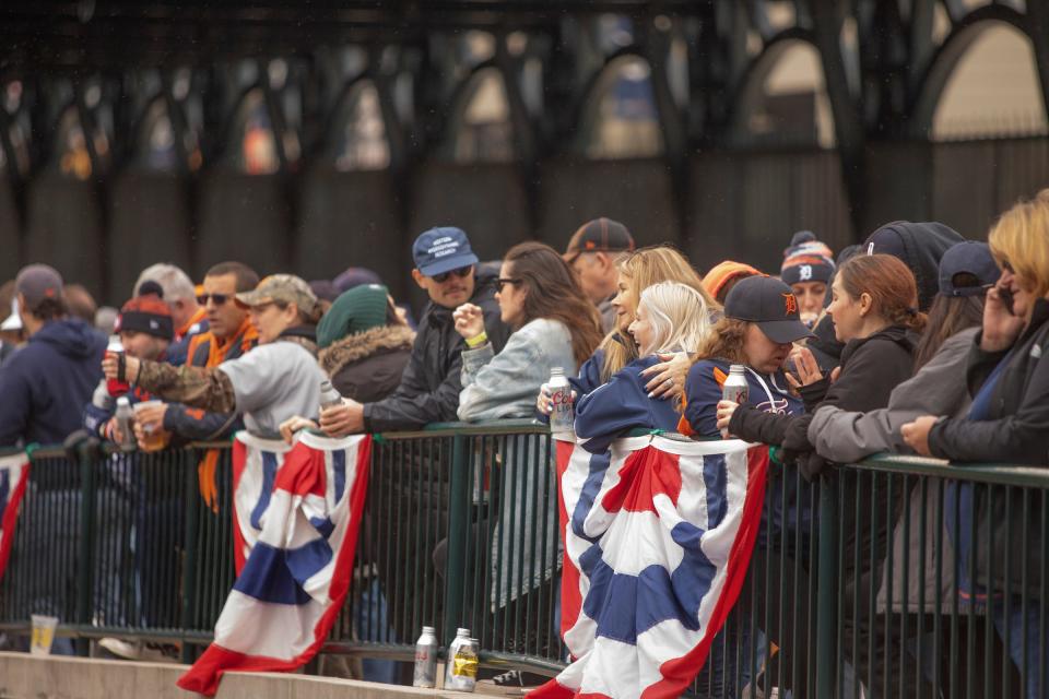 A light rain falls at Comerica Park during Opening Day of the Detroit Tigers on April 8, 2022.