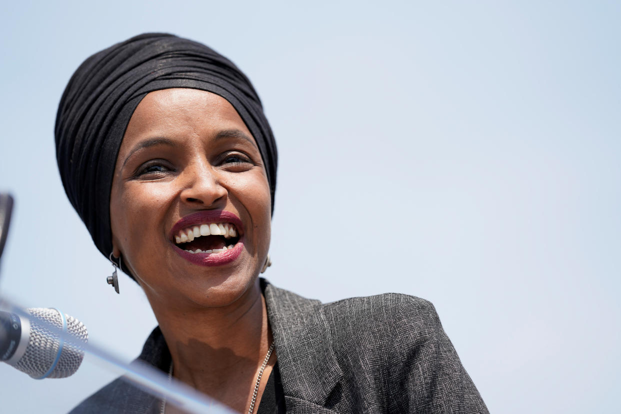 U.S. Rep. Ilhan Omar (D-MN) speaks at a rally calling on Congress to censure President Donald Trump on Capitol Hill in Washington, U.S., April 30, 2019. REUTERS/Aaron P. Bernstein