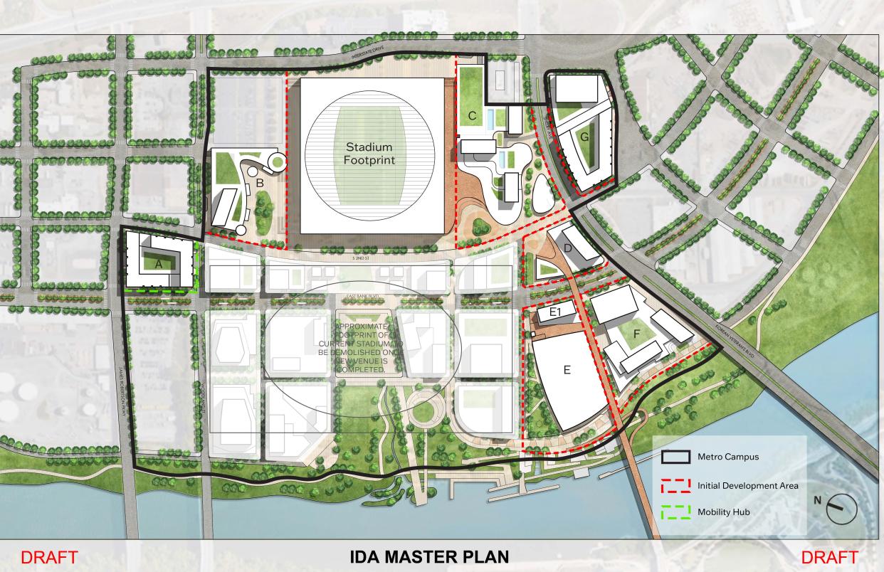 Land marked with a red outline depicts a total 30 acres of Metro-owned land on Nashville's East Bank slated for initial development. The full Metro campus is outlined in black.