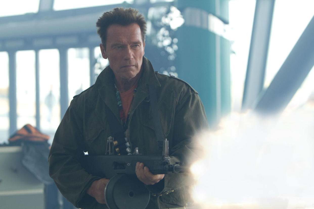 “Hasta la Vista, Barney.” Arnold Schwarzenegger in ‘The Expendables 2’ (credit: Lionsgate)