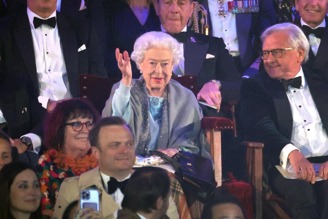 Queen Elizabeth II looks on from the Royal Box during her Official Platinum Jubilee Celebration "A Gallop Through History" performance as part of the official celebrations for Queen Elizabeth II's Platinum Jubilee at the Royal Windsor Horse Show at Home Park on May 15, 2022 in Windsor, England. The Royal Windsor Horse Show continued the Platinum Jubilee celebrations with the “A Gallop Through History” event. Each evening, the Platinum Jubilee celebration saw over 500 horses and 1,000 performers create a 90-minute production that took the audience on a “gallop through history” from Elizabeth I to the present day.