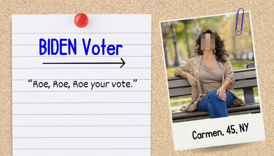 A note reads "BIDEN Voter" with a photo of Carmen, 45, NY on the right. The quote says, "Roe, Roe, Roe your vote."