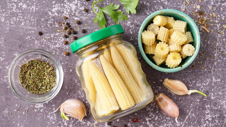 jar of pickled baby corn