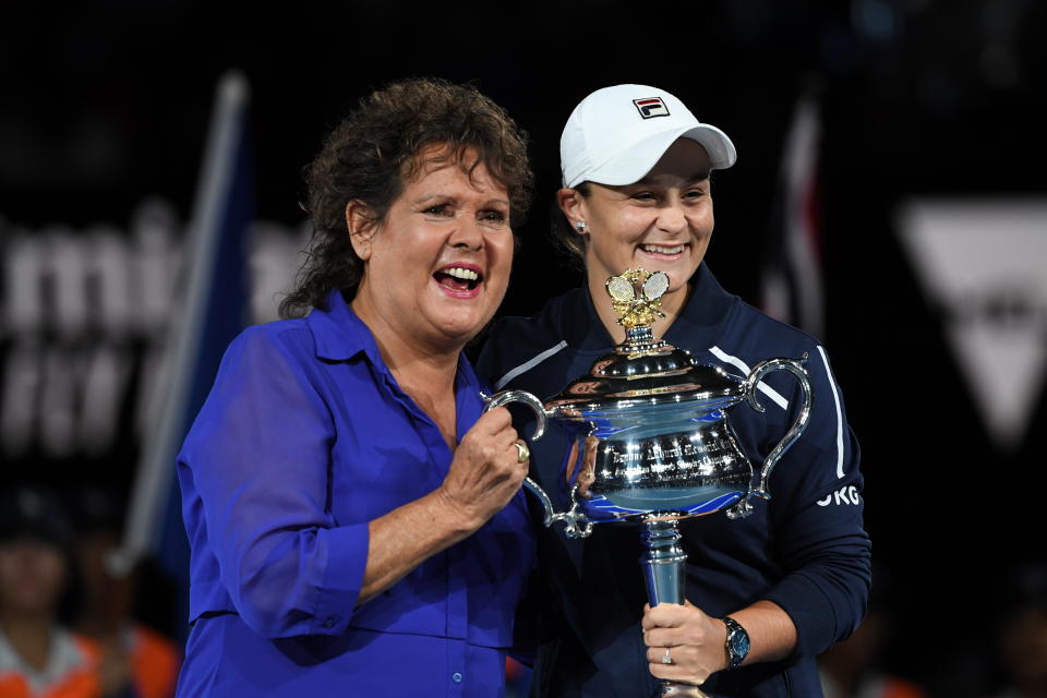 Ash Barty and Evonne Goolagong Cawley, pictured here during the trophy presentation after the Australian Open final.