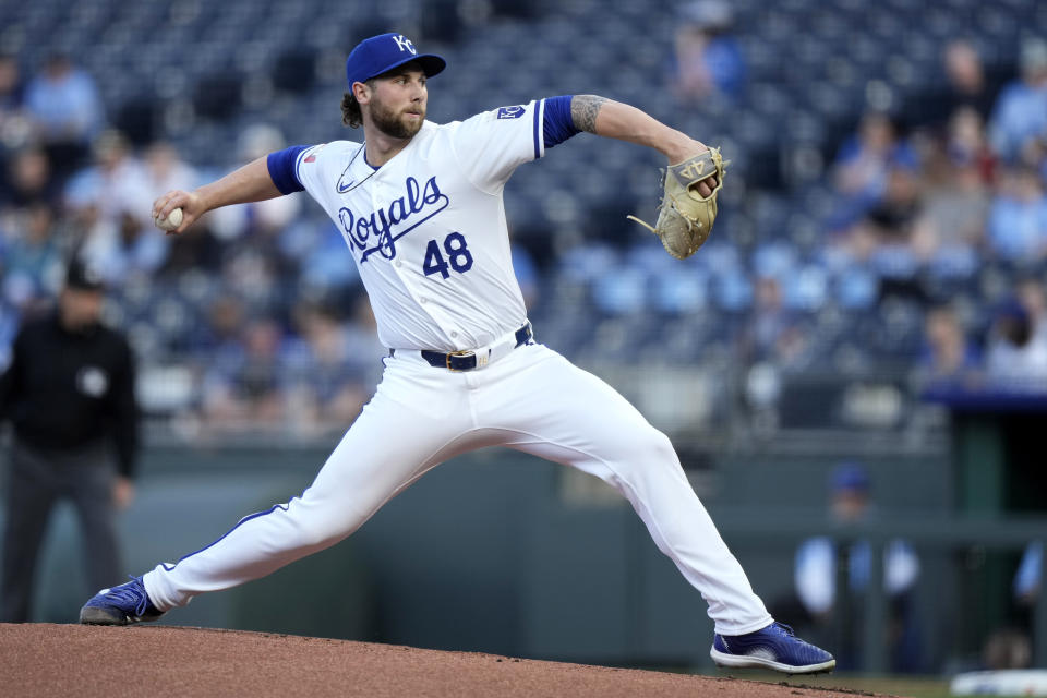 Kansas City Royals starting pitcher Alec Marsh throws during the first inning of a baseball game against the Toronto Blue Jays Wednesday, April 24, 2024, in Kansas City, Mo. (AP Photo/Charlie Riedel)